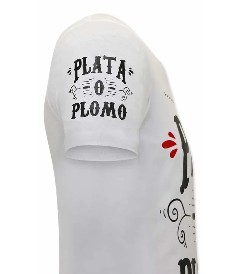 CAMISETAS HOMBRE NARCOS PLATA O PLOMO  BLANCO